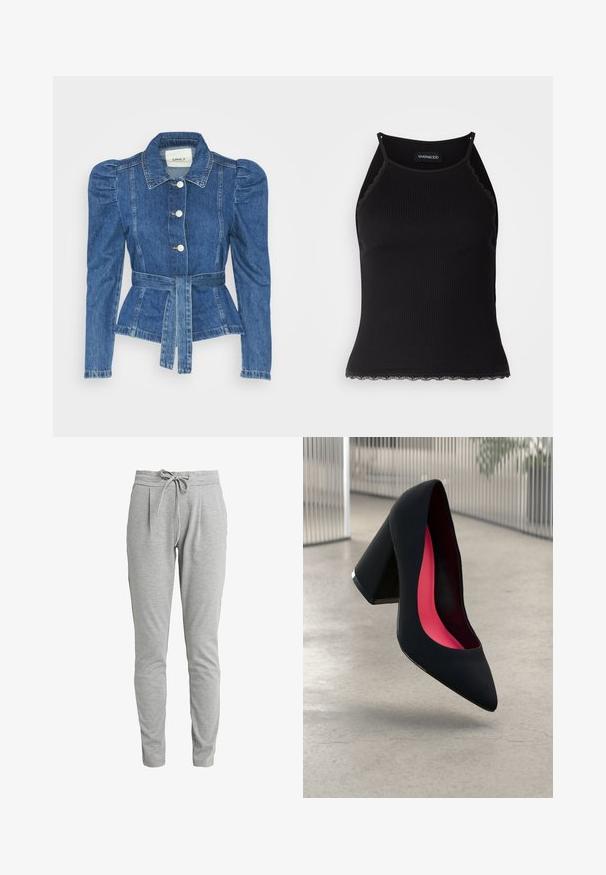 Jeansjacke mit tailliertem Schnitt, fitted Oberteil und gepufften Schultern. Mittelblaue Farbe, strukturierte Form und Frontknopfverschlüsse.; Schwarzes, geripptes Tanktop mit gewellten Spitzenabschluss am Saum. Mit dünnen Trägern und einer figurbetonten Passform. Hergestellt aus dehnbarem Material.; Graue Jogginghose aus weichem Stoff, mit einem elastischen Bund und Kordelzug sowie zwei Fronttaschen für zusätzlichen Komfort.; Schwarzer High Heel Schuh mit spitzer Zehe, strukturiertem Obermaterial und lebhaftem pinken Innenraum. Verfügt über einen dicken Absatz mit silberner Akzentuierung.