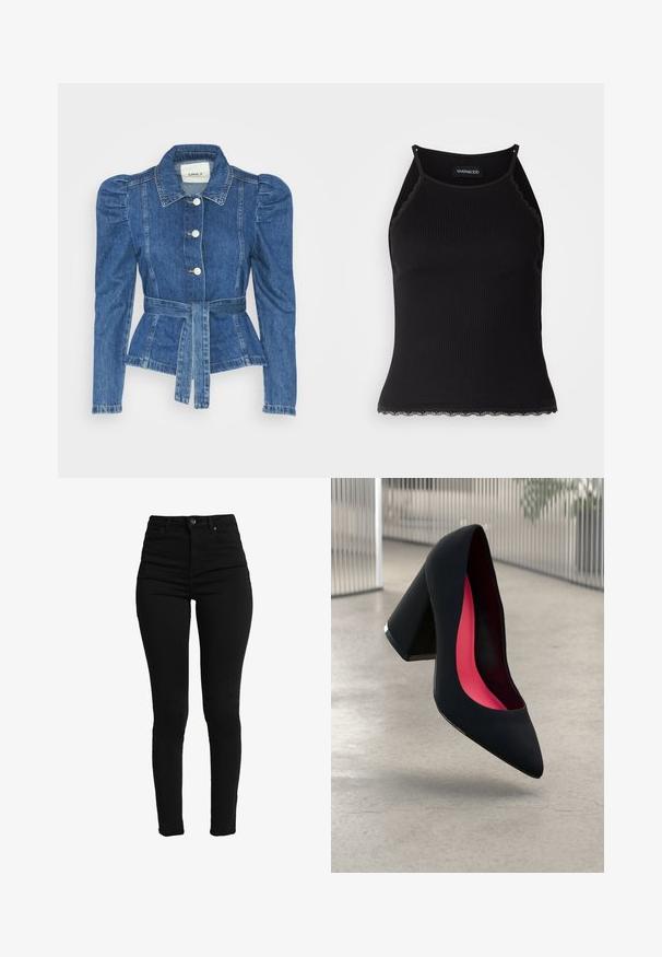 Jeansjacke mit tailliertem Schnitt, fitted Oberteil und gepufften Schultern. Mittelblaue Farbe, strukturierte Form und Frontknopfverschlüsse.; Schwarzes, geripptes Tanktop mit gewellten Spitzenabschluss am Saum. Mit dünnen Trägern und einer figurbetonten Passform. Hergestellt aus dehnbarem Material.; Schwarze hochtaillierte Skinny Jeans aus Stretch-Denim, mit einem vorderen Knopf, Reißverschluss sowie fünf Taschen für Funktionalität.; Schwarzer High Heel Schuh mit spitzer Zehe, strukturiertem Obermaterial und lebhaftem pinken Innenraum. Verfügt über einen dicken Absatz mit silberner Akzentuierung.
