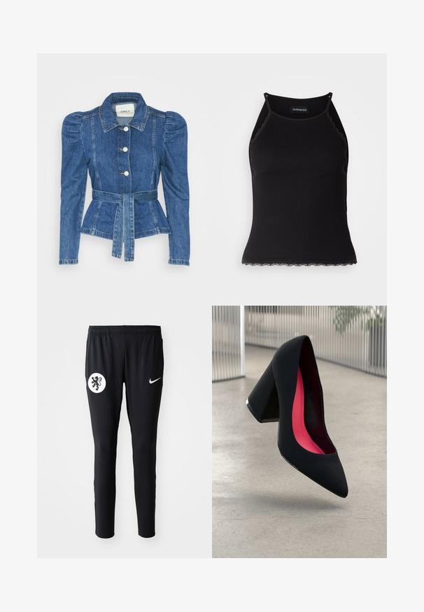 Jeansjacka med midjebälte, åtsittande liv och puffiga axlar. Mellanblå färg, strukturerad design och knäppning fram.; Svart ribbad linne med scallop-mönstrad spetskant i nederkant. Har tunna axelband och en figurnära design. Tillverkad av elastiskt tyg.; Svarta träningsbyxor med en vit lejonemblem på vänster lår och en vit Nike-logotyp på höger sida. Tillverkade av mjukt, stretchigt tyg.; Svart högklackad sko med spetsig tå, texturerad yta och en livlig rosa inredning. Har en kraftig klack med silverdetaljer.