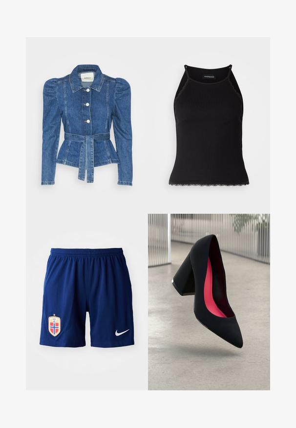 Riposso takki, jossa on vyöllinen vyötärö, istuva vartalo ja puffatut olkapäät. Keskisininen väri, rakenteellinen muotoilu ja etupainetut napit.; Mustan ribbitoppi, jonka helman reunassa on aaltoileva pitsi. Ominaisuuksina ohuet hihnat ja tiukka malli. Valmistettu joustavasta kankaasta.; Tummansiniset Nike-shortsit, joissa on joustava vyötärö, teksturoitu kangas, vaakuna vasemmalla puolella ja valkoinen Nike-logo.; Musta korkokenkä, jossa on terävä kärki, teksturoitu pinta ja kirkkaan vaaleanpunainen sisus. Varustettu tukevalla kannalla, jossa on hopeinen yksityiskohta.