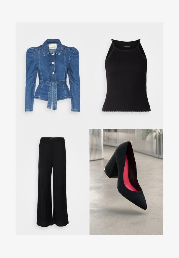 Džínová bunda s opaskom v páse, priliehavým telom a vypúknutými ramenami. Stredne modrá farba, štruktúrovaný dizajn a predné gombíkové zapínanie.; Čierny rebrovaný top bez rukávov so zvlneným čipkovým lemovaním na spodnom leme. Má tenké ramienka a priliehavý strih. Vyrobené z elastického materiálu.; Čierne široké nohavice vyrobené z ľahkej textílie, s hladkou textúrou, predným zapínaním na gombík a bočnými vreckami.; Čierna lodička na vysokom opätku s špicatou špičkou, štruktúrovaným povrchom a živým ružovým interiérom. Obsahuje robustný opätok so strieborným akcentom.