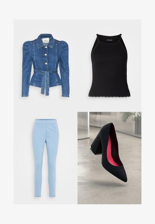 Casaco de ganga com cintura ajustada, corpete justo e ombros bufantes. Cor azul média, design estruturado e fecho frontal por botões.; T-shirt sem mangas preto com acabamento em renda frisada na barra. Apresenta alças finas e um design justo. Feito de um tecido elástico.; Jeans de cintura alta, azul claro, com um design ajustado, feitos de denim. Apresentam duas costuras frontais e um corte reto até ao tornozelo.; Sapato de salto alto preto com bico puntiagudo, superfície texturizada e um interior vibrante em rosa. Apresenta um salto grosso com detalhe em prata.