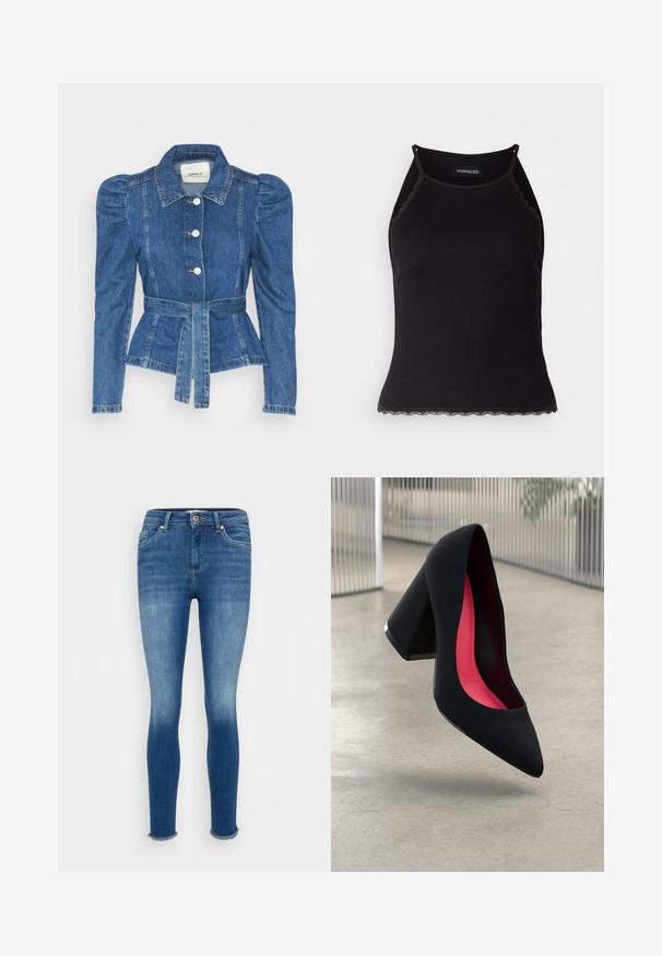 Jachetă din denim cu talie cu curea, bust ajustat și umeri bufanți. Culoare albastră medie, design structurat și închidere cu nasturi în față.; Top de bumbac negru cu nervuri, cu dantelă ondulată la margine. Are bretele subțiri și un design ajustat. Fabricat din material elastic.; Jeans de blugi slim-fit, de culoare albastră, cu ușoară decolorare pe coapse și margini brut cu franjuri la glezne, având buzunare frontale și închidere cu nasture.; Cămașă cu toc înalt, neagră, cu vârful ascuțit, suprafață texturată și interior de un roz vibrant. Dispune de un toc gros cu accent argintiu.