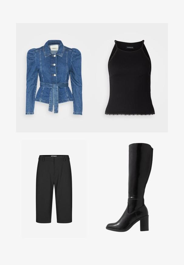 Chaqueta de mezclilla con cintura ceñida, cuerpo ajustado y hombros abullonados. Color azul medio, diseño estructurado y cierres frontales de botones.; Top de tanque negro con ribetes acanalados y borde de encaje con volantes en el dobladillo. Presenta tirantes finos y un diseño ajustado. Fabricado en tejido elástico.; Bermudas negras a medida, con tejido suave, cintura de altura media, pliegue frontal sencillo, sin bolsillos visibles, dobladillo en la parte inferior, diseño estructurado.; Botas negras brillantes de tacón, hasta la rodilla, con punta redonda, textura suave, detalle de corte lateral y un tacón grueso y apilado.