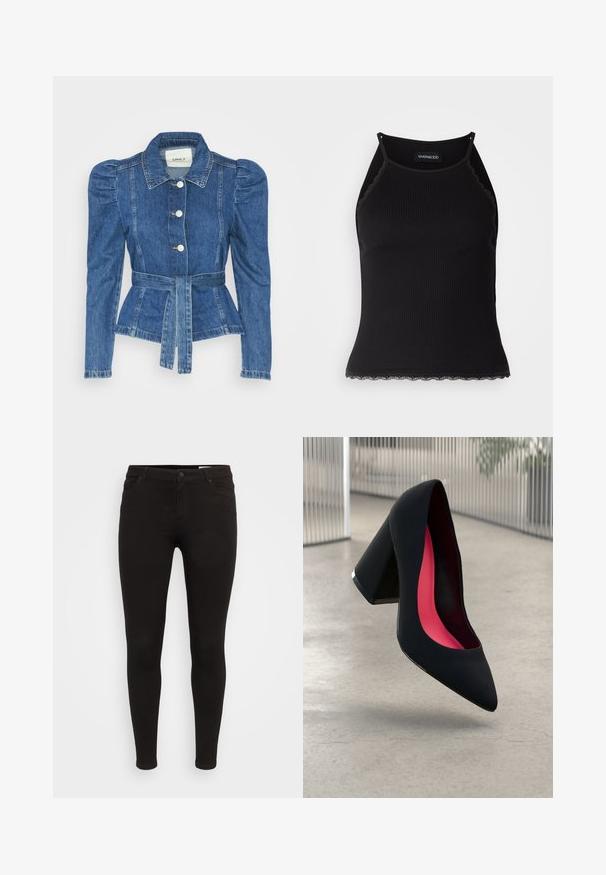 Traper jakna s pojasom u struku, prilagođenim tijelom i nabranim ramenima. Srednje plava boja, strukturirani dizajn i prednje kopčanje na tipke.; Crna ženska majica bez rukava s rebrastim uzorkom i čipkastim obrubom na donjem dijelu. Ima tanke naramenice i prilagođen dizajn. Izrađena od rastezljivog materijala.; Crne skinny traperice napravljene od rastezljivog pamuka, s klasičnim dizajnom s pet džepova i zatvaranjem na dugme.; Crna visoka potpetica s oštrim vrhom, teksturiranom površinom i živopisnom ružičastom unutrašnjošću. Ima masivnu potpeticu s srebrnim detaljem.