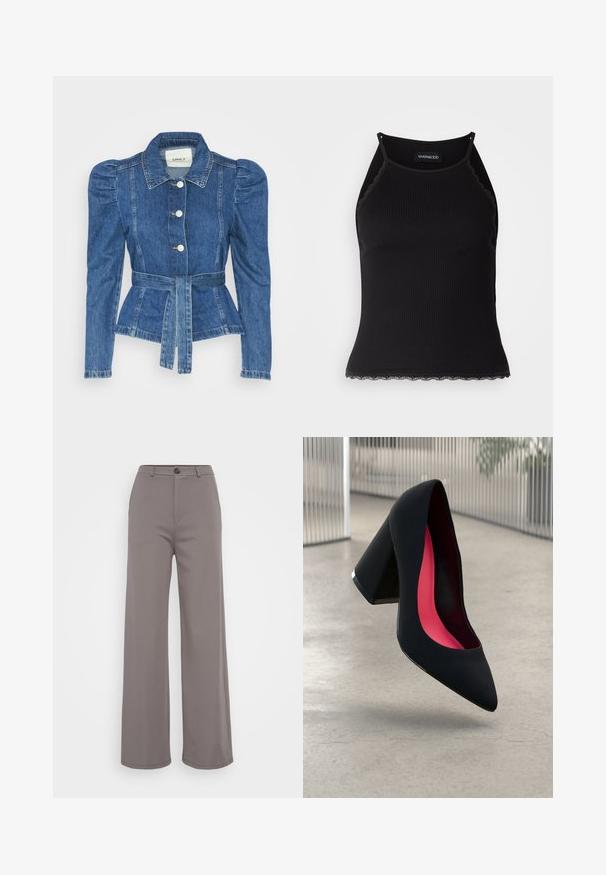 Spijkerjack met een ceintuur in de taille, een getailleerd lijfje en pofmouwen. Middelblauwe kleur, gestructureerd ontwerp en knoopsluitingen aan de voorkant.; Zwarte geribbelde tanktop met een scallooped kanten rand aan de onderkant. Heeft dunne bandjes en een aansluitend ontwerp. Gemaakt van rekbare stof.; Wijdvallende broek in een zachte grijze stof. Voorzien van een knoopsluiting en schone naden. Gladde textuur zonder zichtbare patronen of versieringen.; Zwarte hoge hak met een spitse neus, textuur op het oppervlak en een opvallend roze interieur. Beschikt over een chunky hak met zilveren accent.