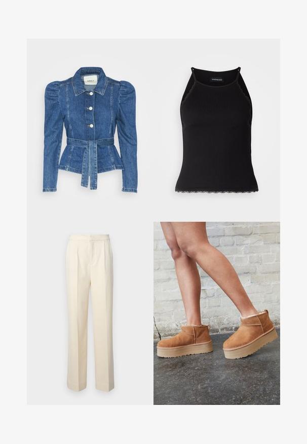 Jeansjacke mit tailliertem Schnitt, fitted Oberteil und gepufften Schultern. Mittelblaue Farbe, strukturierte Form und Frontknopfverschlüsse.; Schwarzes, geripptes Tanktop mit gewellten Spitzenabschluss am Saum. Mit dünnen Trägern und einer figurbetonten Passform. Hergestellt aus dehnbarem Material.; Maßgeschneiderte cremefarbene Hose mit geradem Bein, ausgestattet mit vorderen Falten und einer glatten Oberfläche. Der Bund ist flach und ohne Verzierungen.; Braune Wildleder-Stiefeletten mit einem weichen Futter, dicker beige Plateau-Sohle und einer Zuglasche auf der Rückseite. Strukturiert Oberfläche mit sichtbaren Nähdetails.