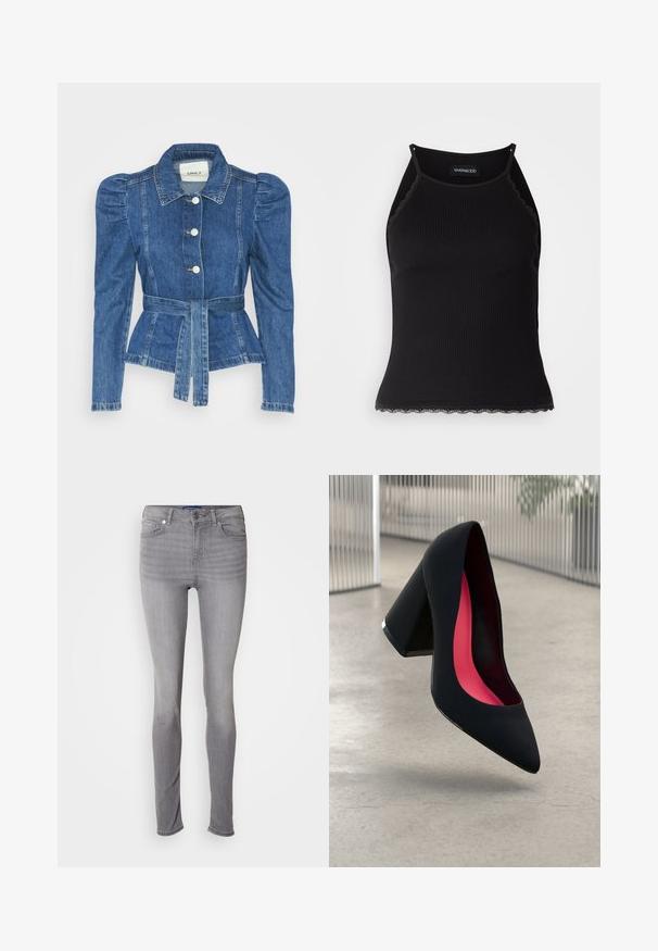 Denim jacket with a belted waist, fitted bodice, and puffed shoulders. Medium blue color, structured design, and front button closures.; Black ribbed tank top with scalloped lace trim at the hem. Features thin straps and a fitted design. Made from stretchable fabric.; Gray skinny jeans, denim material, five-pocket design, belt loops, front button closure, and slight fading pattern on legs.; Black high heel shoe with a pointed toe, textured surface, and a vibrant pink interior. Features a chunky heel with silver accent.