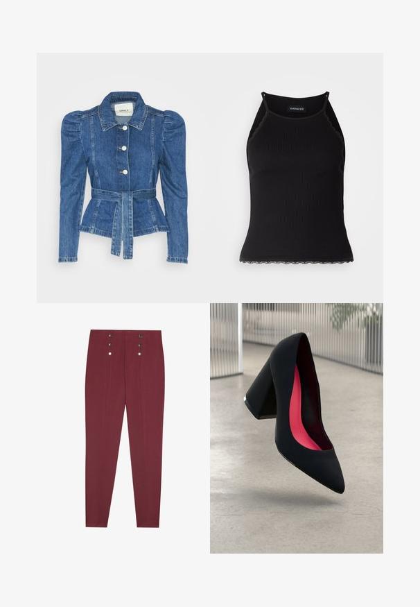 Džinsu jaka ar jostas vidukli, pieguļošu augšdaļu un pūšām plecu daļām. Vidēji zila krāsa, strukturēts dizains un priekšējie pogu aizdarījumi.; Melna ribota topiņa ar izšūtu mežģīņu apdari apakšmalā. Iezīmē plānas siksniņas un pielāgotu piegriezumu. Izgatavota no stiepjama auduma.; Sarkanbordo krāsas piegriezuma bikses ar sānu kabatām, ar gludu tekstūru un četriem dekoratīviem sudraba pogām jostasvietā.; Melna augsta papēža kurpe ar smailu purngalu, teksturētu virsmu un dzīvespriecīgu rozā interjeru. Satur masīlu papēdi ar sudraba akcentu.