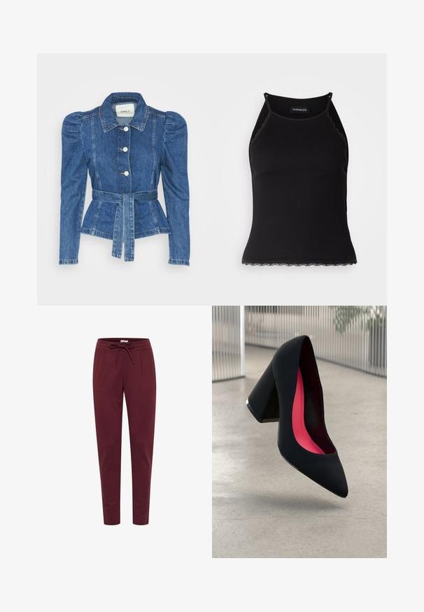 Denimjakke med beltedal, tætsiddende liv og puffede skuldre. Mellemblå farve, struktureret design og frontknaplukninger.; Sort ribbet tanktop med bølget blondekant forneden. Har tynde stropper og en tætsiddende pasform. Fremstillet af strækbart materiale.; Bordeaux-bukser lavet af blød, strækbar stof, med en elastisk talje med snøre, frontplisseringer og tætsiddende ben. Glat tekstur hele vejen igennem.; Sort højhælet sko med spids tå, struktureret overflade og et livligt pink interiør. Har en kraftig hæl med sølvdetaljer.