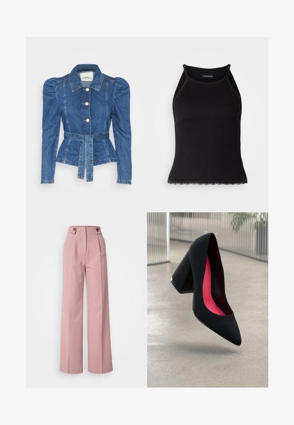 Džinsu jaka ar jostas vidukli, pieguļošu augšdaļu un pūšām plecu daļām. Vidēji zila krāsa, strukturēts dizains un priekšējie pogu aizdarījumi.; Melna ribota topiņa ar izšūtu mežģīņu apdari apakšmalā. Iezīmē plānas siksniņas un pielāgotu piegriezumu. Izgatavota no stiepjama auduma.; Rozā platās bikses ar gludu tekstūru, kurām ir augsts viduklis, divas pogas augšdaļā un krokas, kas skrien pa priekšu.; Melna augstpapēžu kurpe ar smailu purngalu un fakturētu augšdaļu. Iekšpusē spilgti rozā oderējums. Kvadrātveida papēdis ar metālisku rotājumu pie pamata.