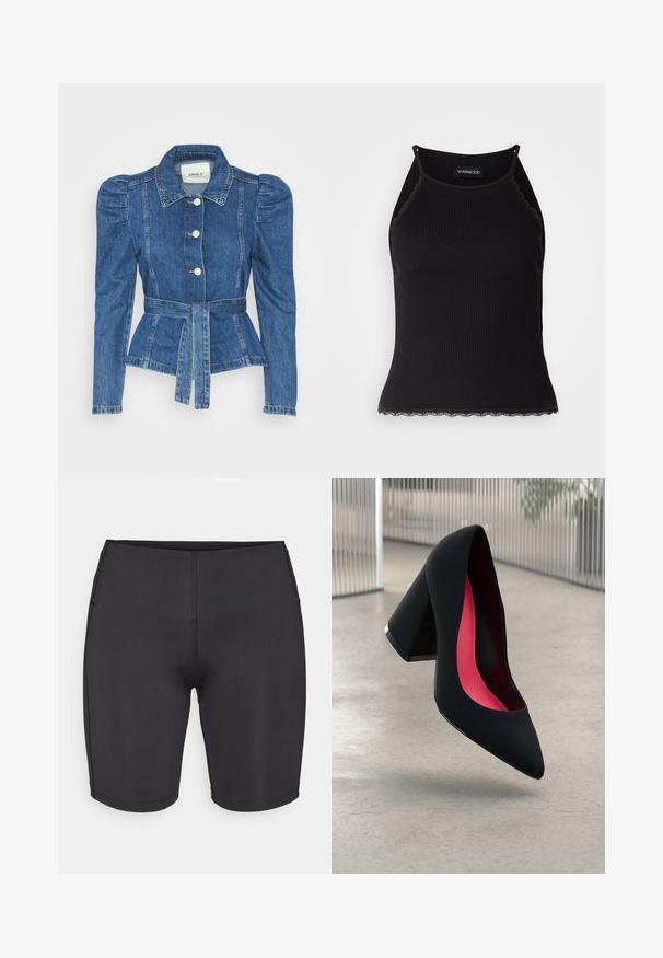 Jeansowa kurtka z pasem w talii, dopasowaną górą i bufiaste ramiona. Średni niebieski kolor, usztywniony fason oraz zapięcie na guziki z przodu.; Czarny ribbed top na ramiączkach z falbaniastym koronkowym wykończeniem u dołu. Posiada cienkie ramiączka i dopasowany krój. Wykonany z rozciągliwego materiału.; Even&Odd active - Rajstopy; Czarna szpilka o spiczastym nosie, z teksturowaną powierzchnią i intensywnie różowym wnętrzem. Posiada masywny obcas z srebrnym akcentem.