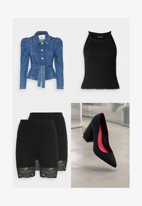 Jeansjacka med midjebälte, åtsittande liv och puffiga axlar. Mellanblå färg, strukturerad design och knäppning fram.; Svart ribbad linne med scallop-mönstrad spetskant i nederkant. Har tunna axelband och en figurnära design. Tillverkad av elastiskt tyg.; Svarta shorts i slät tyg med spetsdetaljer vid fållen, med blommönster. Två par synliga som visar en enhetlig design.; Svart högklackad sko med spetsig tå, texturerad yta och en livlig rosa inredning. Har en kraftig klack med silverdetaljer.