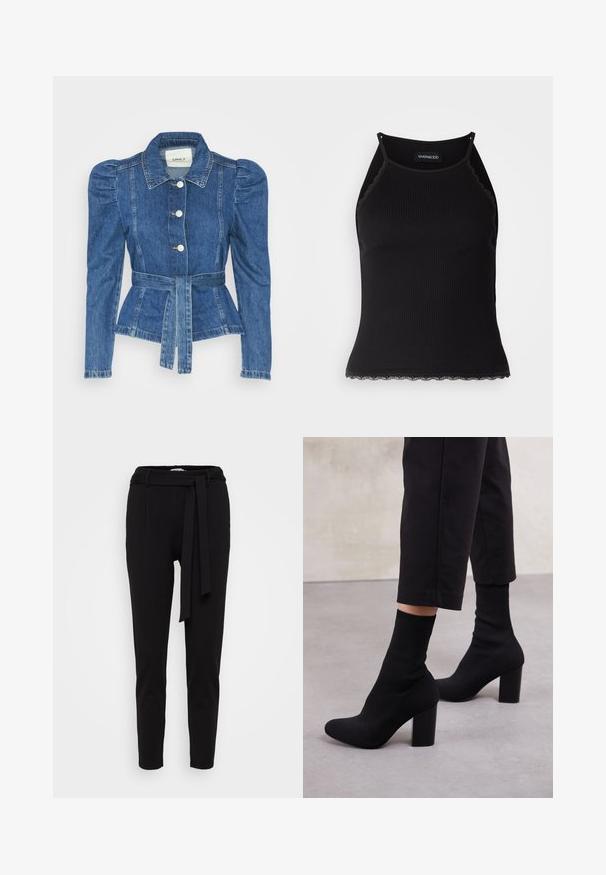 Jachetă din denim cu talie cu curea, bust ajustat și umeri bufanți. Culoare albastră medie, design structurat și închidere cu nasturi în față.; Top de bumbac negru cu nervuri, cu dantelă ondulată la margine. Are bretele subțiri și un design ajustat. Fabricat din material elastic.; Pantaloni negri conici dintr-un material moale, având o talie cu o curea din material și două buzunare frontale. Textură netedă și design minimalist.; Botine negre cu toc și ațesă ribbed, cu suprafață netedă, vârf rotund și toc gros pentru stabilitate.