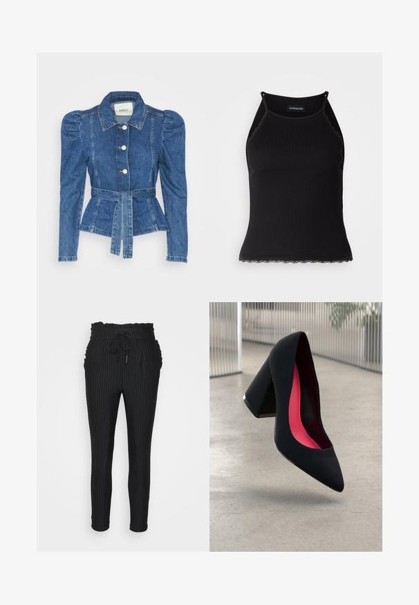 Denim jacket with a belted waist, fitted bodice, and puffed shoulders. Medium blue color, structured design, and front button closures.; Black ribbed tank top with scalloped lace trim at the hem. Features thin straps and a fitted design. Made from stretchable fabric.; ONLY Petite ONLPOPTRASH CLASSI PINSTRIPE FRILL - Trousers - black; Black high heel shoe with a pointed toe, textured surface, and a vibrant pink interior. Features a chunky heel with silver accent.