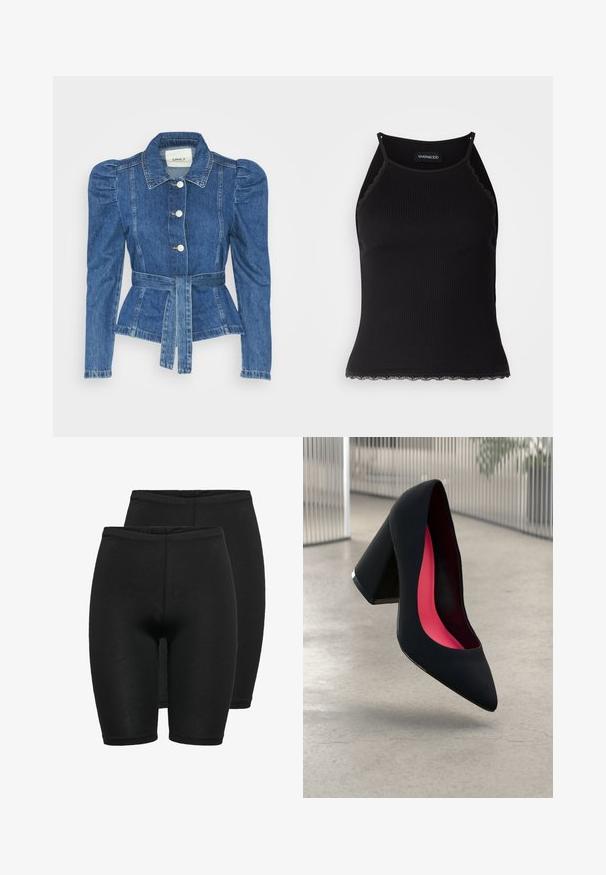 Denim jakna z pasom, prilegajoča bodica in napihnjena ramena. Srednje modra barva, strukturna zasnova in sprednje gumbne zanke.; Črn rebrast top brez rokavov z valovitimi čipkastimi robovi na dnu. Ima tanke naramnice in oprijet kroj. Narejen je iz raztegljivega materiala.; Dve pare črnih kompresijskih hlačic, izdelanih iz raztegljive tkanine, z gladko teksturo, elastičnim pasom in oprijetim krojem.; Črna čevlja z visokimi petami, zoženim sprednjim delom in teksturirano zgornjico. Notranjost ima svetlo rožnato podlogo. Kvadratna peta z metalnim poudarkom na podnožju.