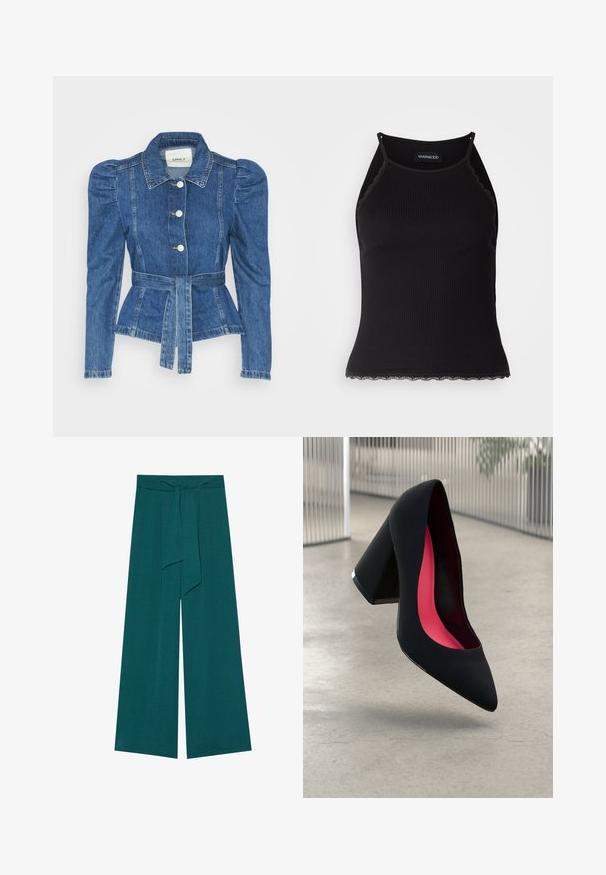 Jeansjakke med belte i midjen, tettsittende midje og puffede skuldre. Medium blå farge, strukturert design og frontknapper.; Svart ribbet tanktopp med scallop lace detaljer i kanten. Har tynne stropper og en kroppsnær design. Laget av elastisk stoff.; Vide benbukser i en dyb teal-farge med teksturert overflate, med et knyttet midjebånd for justerbar passform og en flytende silhuett.; Svart høye hæler med spiss tå, teksturert overflate og en livlig rosa innside. Har en kraftig hæl med sølvdetaljer.