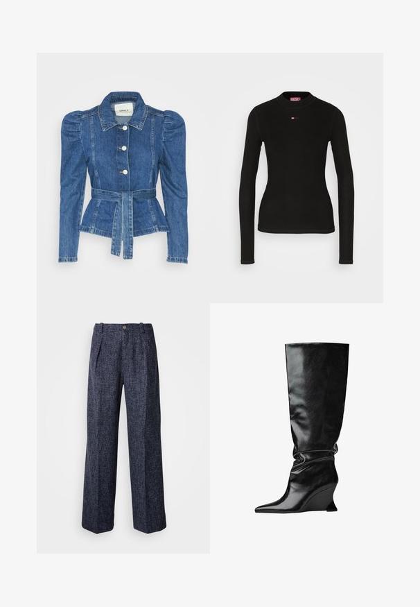 Spijkerjack met een ceintuur in de taille, een getailleerd lijfje en pofmouwen. Middelblauwe kleur, gestructureerd ontwerp en knoopsluitingen aan de voorkant.; Zwart lang mouwen top gemaakt van ribbelstof, met een ronde hals en een klein rood Diesel-logo geborduurd op de borst.; Broek in marineblauw met een gestructureerde weving, hoge taille, wijde pijpen en voorplooien. Voorzien van een enkele knoop en ritssluiting.; Zwarte leren wedge-boot tot de knie met een spitse neus en geplooide textuur; gladde afwerking met een gestructureerd silhouet.