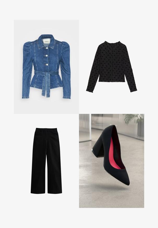 Jeansowa kurtka z pasem w talii, dopasowaną górą i bufiaste ramiona. Średni niebieski kolor, usztywniony fason oraz zapięcie na guziki z przodu.; Czarna bluzka z długim rękawem o fakturowanym materiale, z falistym wzorem i wypukłymi motywami kokardy rozmieszczonymi równomiernie. Okrągły dekolt i dopasowany krój.; Czarne spodnie o szerokich nogawkach wykonane z gładkiego materiału. Posiadają elastyczny pas, szlufki na pasek i brak widocznych ozdób lub wzorów.; Czarna szpilka o spiczastym nosie, z teksturowaną powierzchnią i intensywnie różowym wnętrzem. Posiada masywny obcas z srebrnym akcentem.