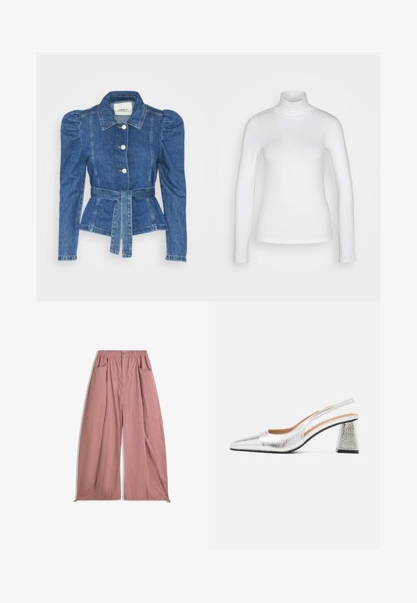 Jachetă din denim cu talie cu curea, bust ajustat și umeri bufanți. Culoare albastră medie, design structurat și închidere cu nasturi în față.; Cămașă albă cu mânecă lungă și guler înalt, fabricată dintr-un material neted și elastic. Are o croială ajustată și un guler înalt. Fără modele sau accente vizibile.; Pantaloni largi, cu talie înaltă, dintr-un material roz moale. Dispune de un brau elastic, două buzunare laterale și o textură fină.; Pumping argintie cu toc slingback, cu vârf ascuțit, finisaj metalic texturat și toc bloc triunghiular. Interiorul prezintă detalii din piele maro.
