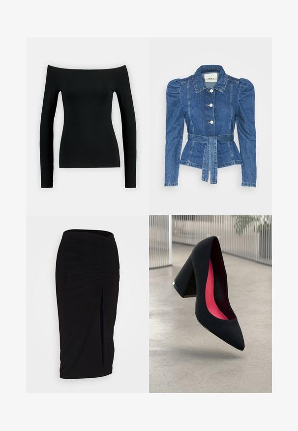 Denimjakke med beltedal, tætsiddende liv og puffede skuldre. Mellemblå farve, struktureret design og frontknaplukninger.; Sort langærmet top med off-shoulder design. Fremstillet af glat stof, har det en tætsiddende form og sømløs konstruktion.; Sort, rynket blyantskørt med bindebånd og en sidelæg. Fremstillet af et strækbart stof, der har en glat overflade og en tætsiddende pasform.; Sort højhælet sko med spids tå, struktureret overflade og et livligt pink interiør. Har en kraftig hæl med sølvdetaljer.