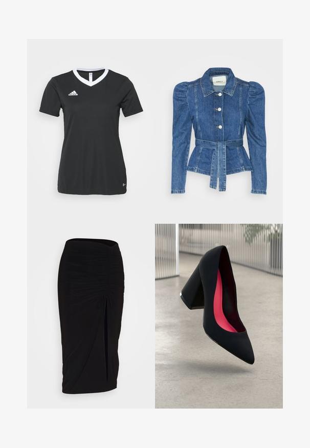 Farmer dzseki övvel a deréknál, testhez simuló fazon és puffos vállakkal. Középkék szín, struktúrált kialakítás és elöl gombos záródás.; Fekete, rövid ujjú sportpóló V nyakkal és fehér gallérral. Fehér Adidas logóval a bal mellrészen, sima, szintetikus anyagból.; Fekete, ráncolt ceruzaszoknya kötött részlettel és oldalsó hasítékkal. Rugalmas anyagból készült, sima textúrával és testhez álló kialakítással.; Fekete magassarkú cipő hegyes orral, textúrált felülettel és élénk rózsaszín béléssel. Vastag sarokkal rendelkezik, ezüst kiegészítővel.