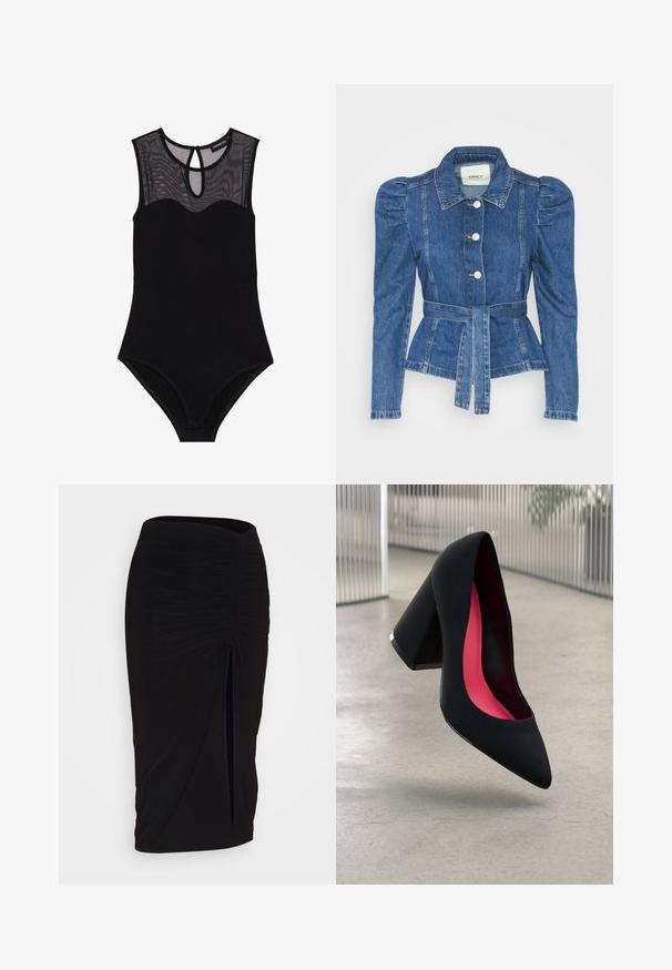 Giacca in denim con vita cintrata, corpino aderente e spalle imbottite. Colore blu medio, design strutturato e chiusura frontale con bottoni.; Body nero con yoke in rete, design senza maniche, scollatura a girocollo e schiena con apertura a chiave. Presenta un tessuto liscio e elastico con dettagli minimi.; Gonna a tubino nera, arricciata, con dettaglio a fiocco e uno spacco laterale. Realizzata in un tessuto elasticizzato, presenta una texture liscia e un design aderente.; Scarpa nera con tacco alto, punta affilata e tomaia texture. Interno con fodera rosa acceso. Tacco quadrato con accento metallico alla base.