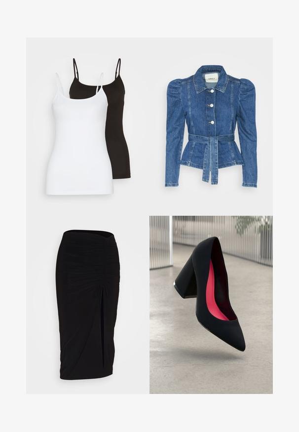 Chaqueta de mezclilla con cintura ceñida, cuerpo ajustado y hombros abullonados. Color azul medio, diseño estructurado y cierres frontales de botones.; Dos camisetas sin mangas, una en blanco y otra en negro, de una tela suave y elástica. Ambas presentan tirantes finos y un diseño sencillo.; falda lápiz negra con fruncido, detalle de lazo y abertura lateral. Hecha de un tejido elástico, con una textura suave y un diseño ajustado.; Zapato de tacón alto negro con puntera afilada, superficie texturizada y un interior de un rosa vibrante. Presenta un tacón grueso con un acento plateado.