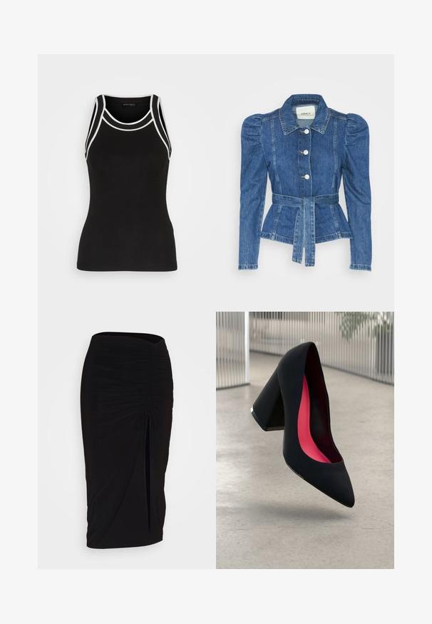 Džinsu jaka ar jostas vidukli, pieguļošu augšdaļu un pūšām plecu daļām. Vidēji zila krāsa, strukturēts dizains un priekšējie pogu aizdarījumi.; Melna ribota topa krekls ar baltu akcentu apdari. Iezīmēts ar apaļu kakla izgriezumu un sacensību aizmuguri. Izgatavots no elastīga auduma, nodrošinot komfortu.; Melna, ručām veidota zīda svārku ar saišu detaļu un sānu izgriezumu. Izgatavota no elastīga auduma, ar gludu tekstūru un pieguļošu dizainu.; Melna augsta papēža kurpe ar smailu purngalu, teksturētu virsmu un dzīvespriecīgu rozā interjeru. Satur masīlu papēdi ar sudraba akcentu.