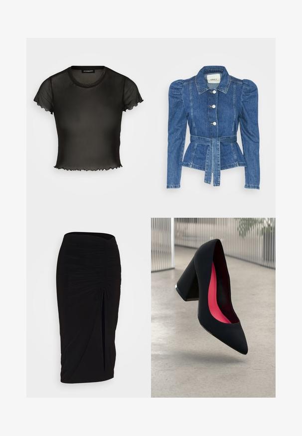 Denimiga jope, mille vöökoht on reguleeritav, kehaosa on kitsas ja õlavarred on puhvaariga. Keskmise sinise värvusega, struktureeritud disain ja ees nupulukud.; Must mustrikkade lühikeste varrukatega must pluus ümmarguse kaeluse ja sakiliste servadega. Valmistatud kerge kangast, disain on istuv ja veidi lühike.; Mustast, rikutud pliiatsiseelik sidumisdetailiga ja küljes lahtise lõhenemisega. Valmistatud venivast kangast, millel on sile tekstuur ja keha lähedane lõige.; Mustad must kõrged kontsad, terava ninaga, tekstuurse pinnaga ning erksa roosa sisemusega. Omab paksu kontsa koos hõbedase aktsendiga.