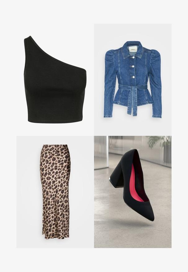 Denim jakna z pasom, prilegajoča bodica in napihnjena ramena. Srednje modra barva, strukturna zasnova in sprednje gumbne zanke.; Črn rebrast top s asimetričnim dizajnom na eni rami. Tkanina se zdi mehka z gladko teksturo in prileganjem.; Midija krilo z leopardskim vzorcem iz gladkega satena. Ima oprijet kroj z rahlim razporkom na robu za boljše gibanje. Nevtradna bež in rjava barva.; Črne visoke petke z nazobčanim prstom, teksturirano površino in živahnimi rožnatimi notranjimi deli. Imajo robustno peto z srebrnim akcentom.