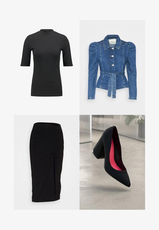 Džinsu jaka ar jostas vidukli, pieguļošu augšdaļu un pūšām plecu daļām. Vidēji zila krāsa, strukturēts dizains un priekšējie pogu aizdarījumi.; Melna ribota t-kreklu ar augstu apkakli un īsām piedurknēm. Gluda, pieguļoša iespēja bez jebkādiem rakstiem vai redzamām detaļām.; Melna, ručām veidota zīda svārku ar saišu detaļu un sānu izgriezumu. Izgatavota no elastīga auduma, ar gludu tekstūru un pieguļošu dizainu.; Melna augsta papēža kurpe ar smailu purngalu, teksturētu virsmu un dzīvespriecīgu rozā interjeru. Satur masīlu papēdi ar sudraba akcentu.