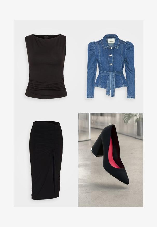 Denimiga jope, mille vöökoht on reguleeritav, kehaosa on kitsas ja õlavarred on puhvaariga. Keskmise sinise värvusega, struktureeritud disain ja ees nupulukud.; Mustmust lihatu top, mis on valmistatud elastsetest materjalidest, laeva kaelusega ja kogutud detailidega vöökohal, pakkudes lõhestatud siluetti.; Mustast, rikutud pliiatsiseelik sidumisdetailiga ja küljes lahtise lõhenemisega. Valmistatud venivast kangast, millel on sile tekstuur ja keha lähedane lõige.; Mustad must kõrged kontsad, terava ninaga, tekstuurse pinnaga ning erksa roosa sisemusega. Omab paksu kontsa koos hõbedase aktsendiga.