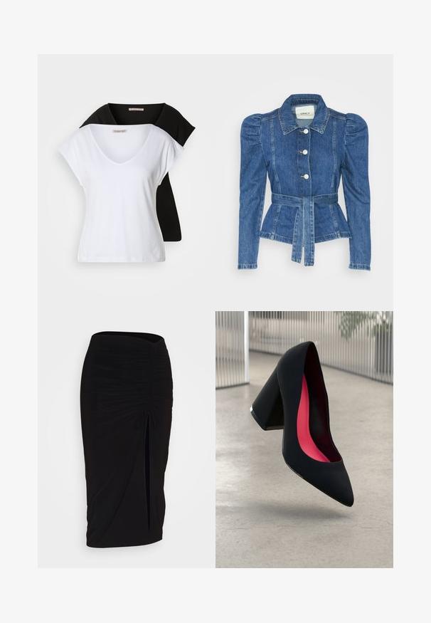 Džínová bunda s opaskom v páse, priliehavým telom a vypúknutými ramenami. Stredne modrá farba, štruktúrovaný dizajn a predné gombíkové zapínanie.; Dve prispôsobené tričká s výstrihom do V v bielej a čiernej farbe, vyrobené z bavlny. Obe majú krátke rukávy a jemnú, hladkú textúru.; Čierna, riasená ceruzková sukňa s viazaním a bočným rozparkom. Vyrobená z elastického materiálu, s hladkou textúrou a priliehavým dizajnom.; Čierna lodička na vysokom opätku s špicatou špičkou, štruktúrovaným povrchom a živým ružovým interiérom. Obsahuje robustný opätok so strieborným akcentom.