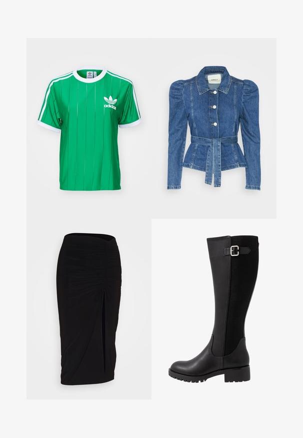 Denimjakke med beltedal, tætsiddende liv og puffede skuldre. Mellemblå farve, struktureret design og frontknaplukninger.; Grøn Adidas t-shirt med lodrette striber, hvide detaljer og rund hals. Har Adidas-logoet på venstre brystområde.; Sort, rynket blyantskørt med bindebånd og en sidelæg. Fremstillet af et strækbart stof, der har en glat overflade og en tætsiddende pasform.; Sorte læderknæhøje støvler med et tekstureret mesh-sidpanel, en rund tå og en lav hæl. Har et spændebåndsområde på siden.