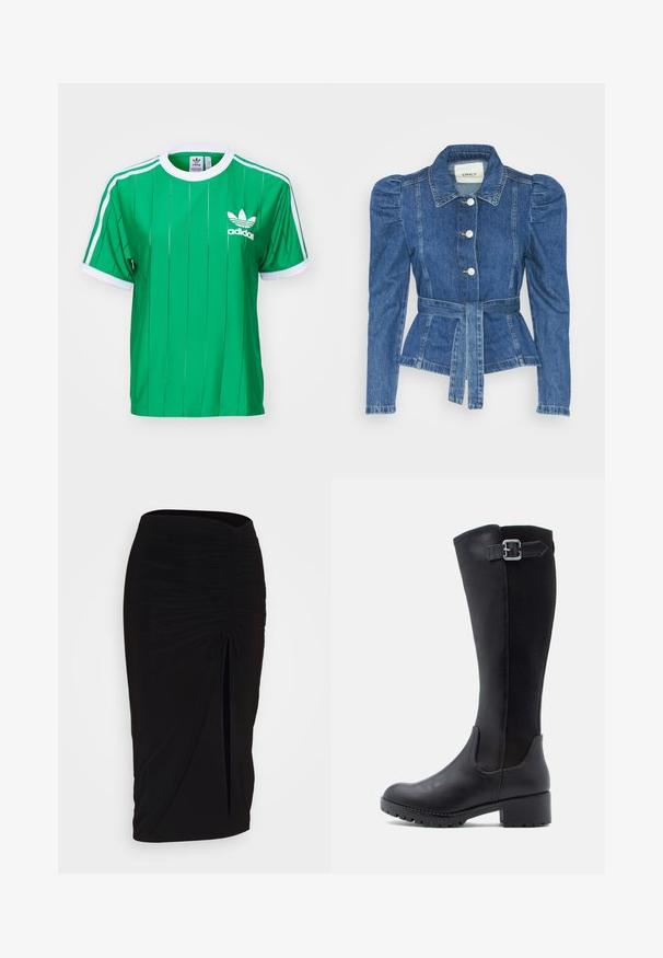 Jachetă din denim cu talie cu curea, bust ajustat și umeri bufanți. Culoare albastră medie, design structurat și închidere cu nasturi în față.; Tricou verde Adidas cu dungi verticale, accente albe și gât rotund. Prezintă logo-ul Adidas în zona superioară stângă a pieptului.; Fustă creion neagră, plisată, cu detalii cu fundă și o fanta laterală. Fabricată dintr-un material elastic, cu o textură netedă și un design care se mulează pe corp.; Botine negre până la genunchi, cu un front din piele netedă, panouri din plasă și un toc jos cu detalii din curea și cataramă.