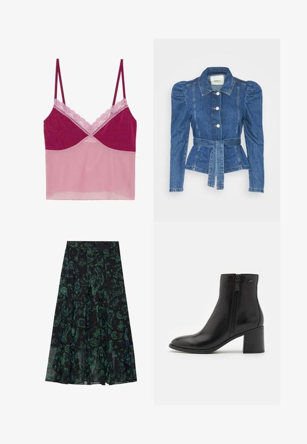 Riposso takki, jossa on vyöllinen vyötärö, istuva vartalo ja puffatut olkapäät. Keskisininen väri, rakenteellinen muotoilu ja etupainetut napit.; Cami-toppi, jossa on tumman pinkki yläosa ja läpinäkyvä vaalean pinkki verkkoalushame, ja jossa on hienovarainen vaalean pinkki pitsireunus kaula-aukon ja hihnojen ympärillä.; Mustat hameet, joissa on vihreä kukkakuosi, rypistettyjen reunusten ja laskosten kanssa. Valmistettu kevyestä kankaasta, tarjoaa virtaavan siluetin.; Mustat nilkkurit, jotka on tehty sileästä nahasta ja joissa on sivuvetoketju. Ominaisuuksiin kuuluvat terävä kuono ja teksturoitu paksu korko vakauden takaamiseksi.