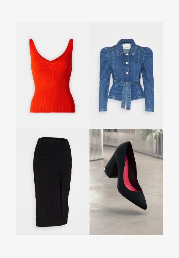 Veste en denim avec une taille ceinturée, un buste ajusté et des épaules bouffantes. Couleur bleu moyen, design structuré et fermetures à boutons sur le devant.; Débardeur rouge côtelé avec un décolleté en V et des bretelles larges, présentant une coupe ajustée et une texture lisse.; Jupe crayon noire froncée avec détail à nouer et fente latérale. Fabriquée à partir d'un tissu extensible, elle présente une texture lisse et une coupe ajustée.; Chaussure à talon noir avec un bout pointu, surface texturée et un intérieur rose vif. Dotée d'un talon épais avec un accent en argent.