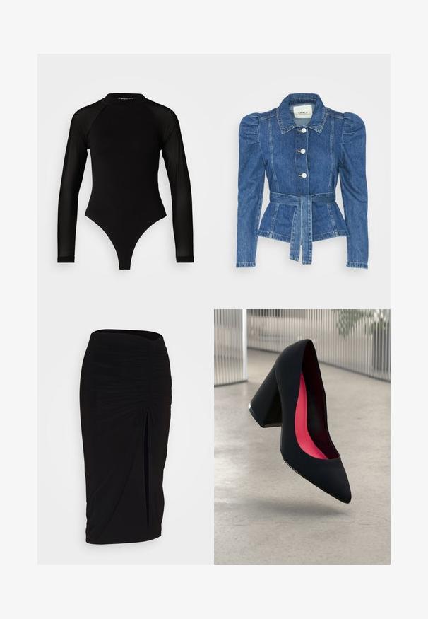 Farmer dzseki övvel a deréknál, testhez simuló fazon és puffos vállakkal. Középkék szín, struktúrált kialakítás és elöl gombos záródás.; Fekete, hosszú ujjú body, magas nyakkal, melynek testrésze sima anyagból készült, míg az ujjai áttetsző hálós anyagból vannak, testhezálló fazonban.; Fekete, ráncolt ceruzaszoknya kötött részlettel és oldalsó hasítékkal. Rugalmas anyagból készült, sima textúrával és testhez álló kialakítással.; Fekete magassarkú cipő hegyes orral, textúrált felülettel és élénk rózsaszín béléssel. Vastag sarokkal rendelkezik, ezüst kiegészítővel.