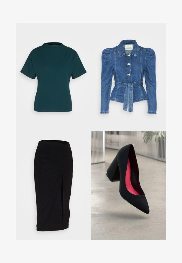 Denimo striukė su dirželiu liemens srityje, prigludusia forma ir pūstomis pečių dalimis. Vidutinio mėlynumo spalva, struktūrizuotas dizainas ir priekiniai mygtukų užsegimai.; Dangaus mėlynos spalvos trumpomis rankovėmis viršus su aukštu kaklu, pagamintas iš lygaus audinio. Turi prigludusią siluetą ir minimaliai siuvinėtas detales.; Juoda, raukšlėta pieštuko sijonas su raišteliu ir šoniniu įpjovimu. Pagamintas iš elastingos medžiagos, pasižymi lygiu paviršiumi ir prigludusia forma.; Juodas aukštakulnis batai su smailiu pirštu, su tekstūruota paviršiumi ir ryškiai rožiniu vidumi. Su tiek dideliu kulnu, tiek sidabriniu akcentu.