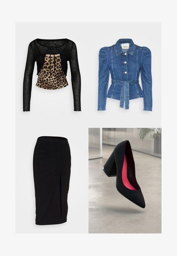 Denimjakke med beltedal, tætsiddende liv og puffede skuldre. Mellemblå farve, struktureret design og frontknaplukninger.; Sort langærmet crop top med et tekstureret, mere gennemskinneligt stof og et leopardmønstret frontpanel. Har en justerbar snøre ved halsen.; Sort, rynket blyantskørt med bindebånd og en sidelæg. Fremstillet af et strækbart stof, der har en glat overflade og en tætsiddende pasform.; Sort højhælet sko med spids tå, struktureret overflade og et livligt pink interiør. Har en kraftig hæl med sølvdetaljer.