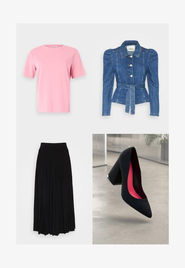 Spijkerjack met een ceintuur in de taille, een getailleerd lijfje en pofmouwen. Middelblauwe kleur, gestructureerd ontwerp en knoopsluitingen aan de voorkant.; Roze T-shirt met korte mouwen van zacht katoen. Klassieke ronde halslijn en een comfortabele pasvorm zonder extra patronen of versieringen.; Zwarte plissé rok met een hoge, elastische tailleband. Gemaakt van zachte stof, met verticale plooien voor een vloeiende silhouet.; Zwarte hoge hak met een spitse neus, textuur op het oppervlak en een opvallend roze interieur. Beschikt over een chunky hak met zilveren accent.