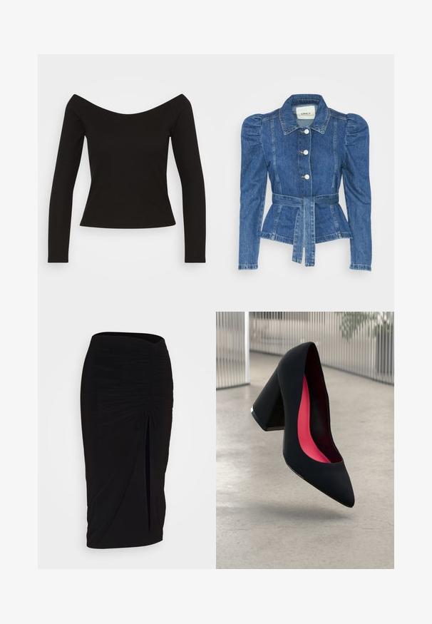Jeansjakke med belte i midjen, tettsittende midje og puffede skuldre. Medium blå farge, strukturert design og frontknapper.; Svart ribbet langermet topp med off-shoulder design og tettsittende silhuett. Glatt tekstur med et litt elastisk stoff for komfort.; Svart, rynket blyantskjørt med knyting og sidelits. Laget av et elastisk stoff, med en glatt tekstur og en kroppsnær passform.; Svart høye hæler med spiss tå, teksturert overflate og en livlig rosa innside. Har en kraftig hæl med sølvdetaljer.