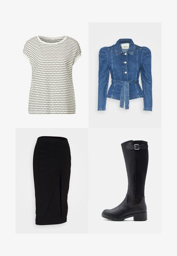 Spijkerjack met een ceintuur in de taille, een getailleerd lijfje en pofmouwen. Middelblauwe kleur, gestructureerd ontwerp en knoopsluitingen aan de voorkant.; Witte T-shirt met korte mouwen en zwarte horizontale strepen, met een ronde halslijn en een ontspannen pasvorm. Zachte textuur met zichtbare stiksels.; Zwarte, gerimpelde kokerrok met strikdetail en een zijsplit. Gemaakt van een rekbaar stof, met een soepele textuur en een aansluitend ontwerp.; Zwarte kniehoog laars met een glad leren voorkant, gaaspanelen en een lage blokhak met een riem en gespdetail.