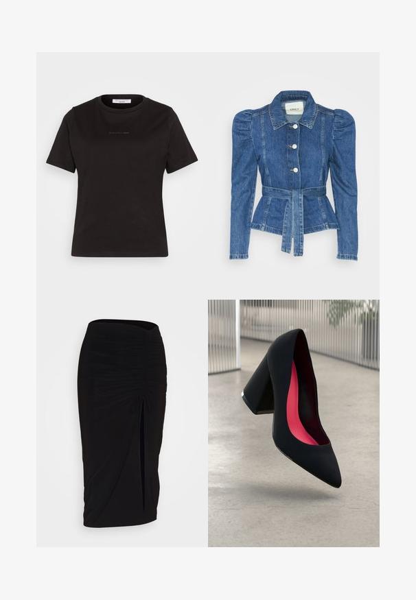 Denimjakke med beltedal, tætsiddende liv og puffede skuldre. Mellemblå farve, struktureret design og frontknaplukninger.; Sort bomulds T-shirt med rund hals og korte ærmer. Har en subtil logo detalje på forsiden og en glat tekstur.; Sort, rynket blyantskørt med bindebånd og en sidelæg. Fremstillet af et strækbart stof, der har en glat overflade og en tætsiddende pasform.; Sort højhælet sko med spids tå, struktureret overflade og et livligt pink interiør. Har en kraftig hæl med sølvdetaljer.