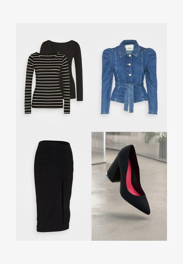 Jeansjacke mit tailliertem Schnitt, fitted Oberteil und gepufften Schultern. Mittelblaue Farbe, strukturierte Form und Frontknopfverschlüsse.; Schwarzes langärmeliges Oberteil hinten; vorne mit einem schwarz-weißen gestreiften langärmeligen Design und einem runden Halsausschnitt. Weiche Stofftextur.; Schwarzer, geraffter Bleistiftrock mit Bindegürtel und seitlichem Schlitz. Hergestellt aus einem dehnbaren Stoff, mit glatter Textur und figurschmeichelndem Design.; Schwarzer High Heel Schuh mit spitzer Zehe, strukturiertem Obermaterial und lebhaftem pinken Innenraum. Verfügt über einen dicken Absatz mit silberner Akzentuierung.