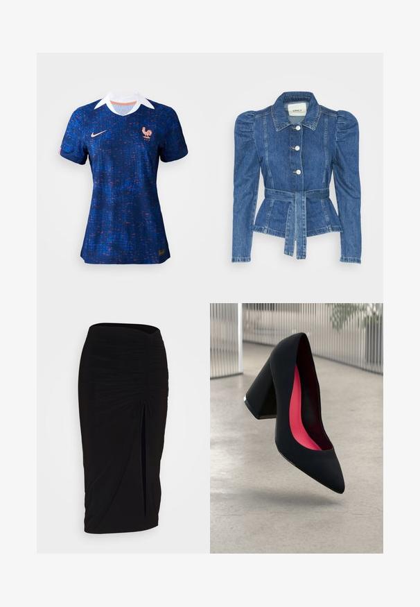 Džínová bunda s páskem v pase, přiléhavým střihem a nadýchanými ramenními vycpávkami. Středně modrá barva, strukturovaný design a zapínání na knoflíky vpředu.; Modrá fotbalová dres s texturovaným designem, který obsahuje bílý límec, logo Nike a emblém kohouta francouzské národní reprezentace.; Černá, řasená tužková sukně s detailem na zavazování a bočním rozparkem. Vyrobena z elastického materiálu s hladkou texturou a přiléhavým střihem.; Černá vysoká podpatková bota s špičatou špičkou, texturovaným povrchem a živým růžovým interiérem. Obsahuje masivní podpatek se stříbrným akcentem.