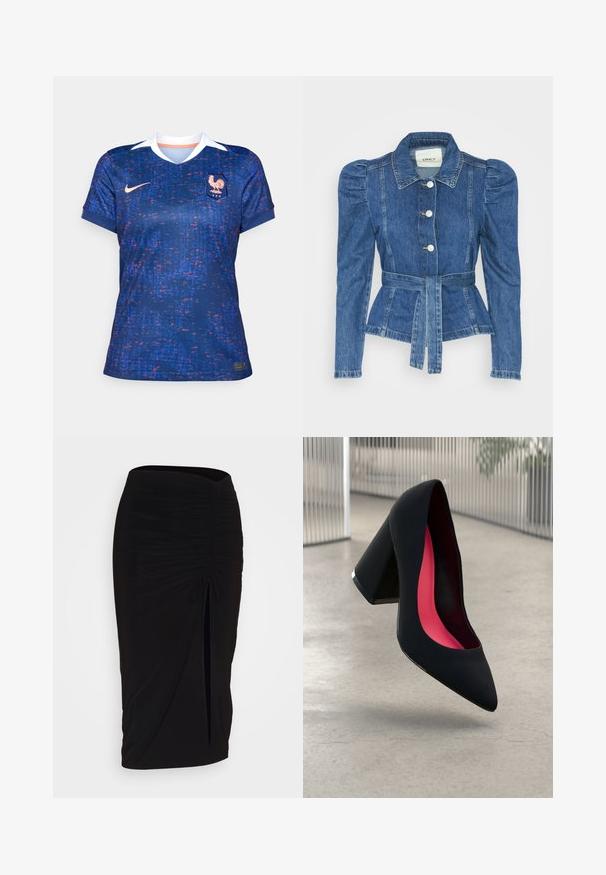 Giacca in denim con vita cintrata, corpino aderente e spalle imbottite. Colore blu medio, design strutturato e chiusura frontale con bottoni.; Maglia da calcio femminile Nike, blu con motivo pixelato rosso e viola, maniche corte, scollo a V, colletto bianco, con stemma e logo sul davanti.; Gonna a tubino nera, arricciata, con dettaglio a fiocco e uno spacco laterale. Realizzata in un tessuto elasticizzato, presenta una texture liscia e un design aderente.; Scarpa con tacco alto nera, con punta affusolata, superficie testurizzata e un vivace interno rosa. Presenta un tacco spesso con un accento argentato.