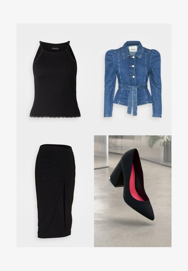 Džínová bunda s páskem v pase, přiléhavým střihem a nadýchanými ramenními vycpávkami. Středně modrá barva, strukturovaný design a zapínání na knoflíky vpředu.; Černý žebrovaný top na ramínka s krajkovým lemem na spodním okraji. Obsahuje tenké ramínka a přiléhavý střih. Vyrobeno z elastické látky.; Černá, řasená tužková sukně s detailem na zavazování a bočním rozparkem. Vyrobena z elastického materiálu s hladkou texturou a přiléhavým střihem.; Černá vysoká podpatková bota s špičatou špičkou, texturovaným povrchem a živým růžovým interiérem. Obsahuje masivní podpatek se stříbrným akcentem.