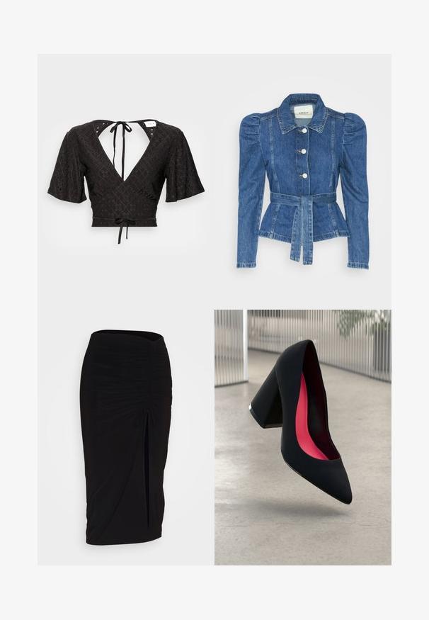 Džínová bunda s páskem v pase, přiléhavým střihem a nadýchanými ramenními vycpávkami. Středně modrá barva, strukturovaný design a zapínání na knoflíky vpředu.; Černá krátká blůza s krátkými balónovými rukávy, hlubokým výstřihem do V a zavazováním na zádech. Tkanina má texturovaný vzor s výřezy.; Černá, řasená tužková sukně s detailem na zavazování a bočním rozparkem. Vyrobena z elastického materiálu s hladkou texturou a přiléhavým střihem.; Černá vysoká podpatková bota s špičatou špičkou, texturovaným povrchem a živým růžovým interiérem. Obsahuje masivní podpatek se stříbrným akcentem.